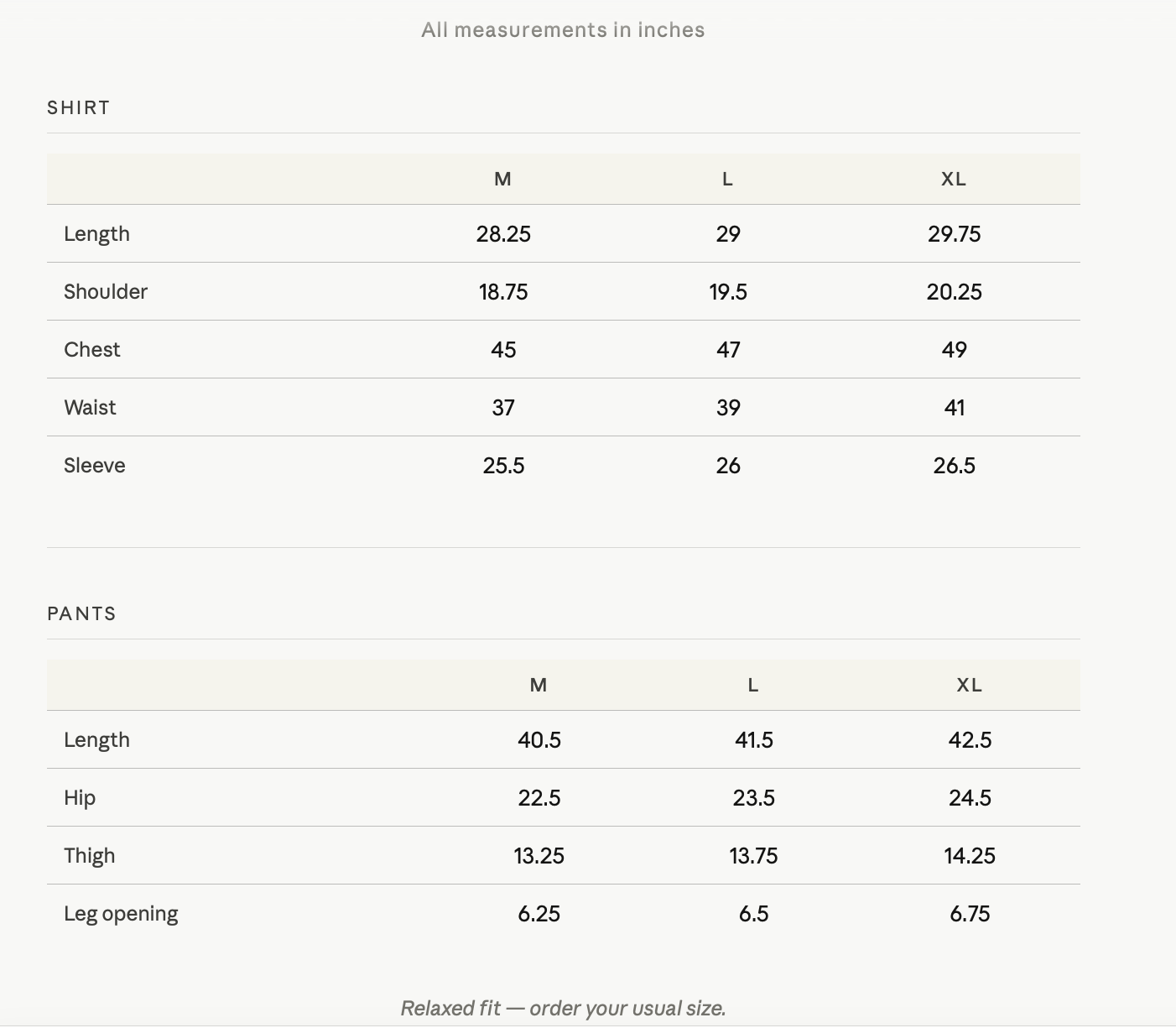 Measurement chart for shirts and pants in inches with size M, L, and XL.